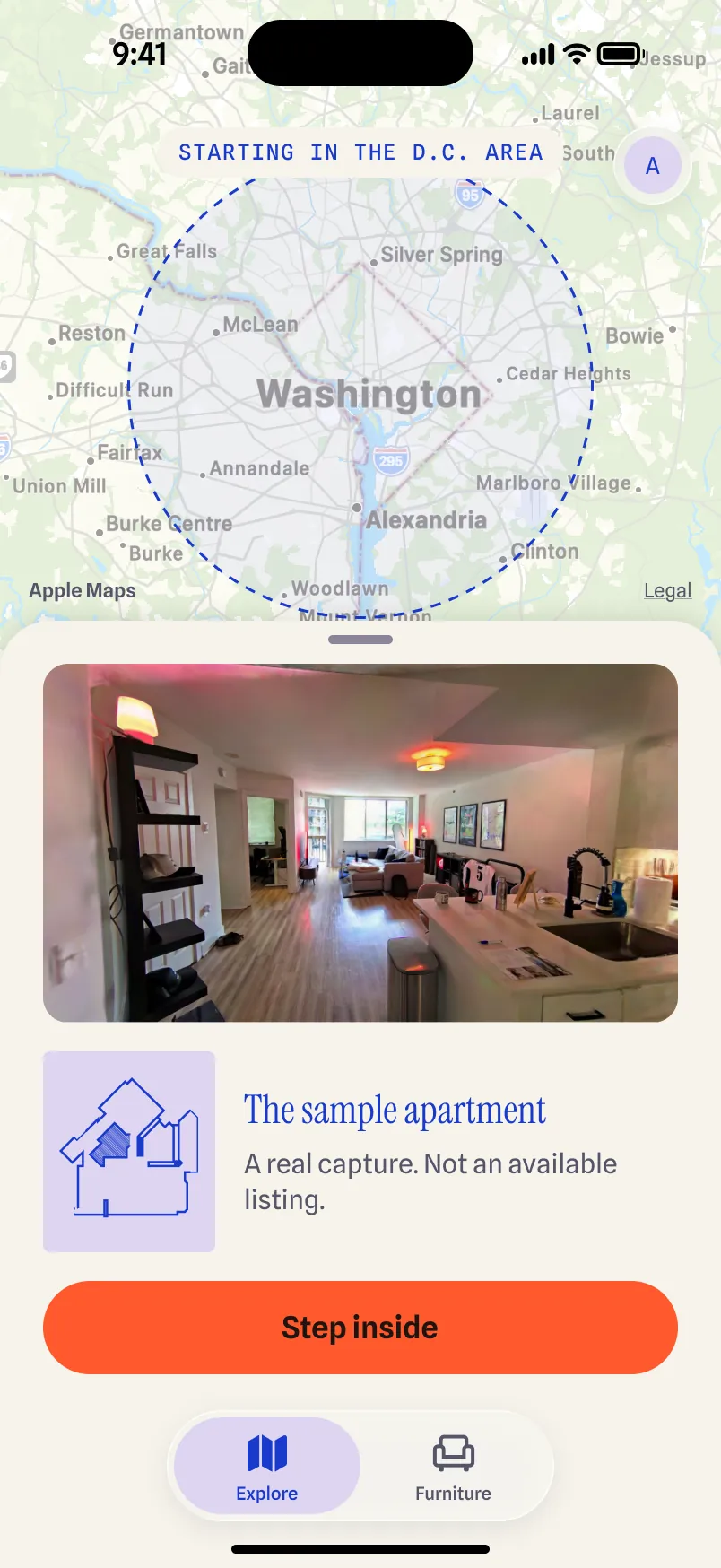 Design of the renter app's Explore map of the D.C. area, with the sample apartment card and a Step inside button.