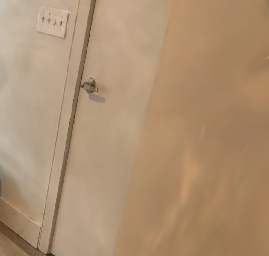 Spatia render of the bedroom door wall: switch bank, door casing and handle, reconstructed sharply enough to read hardware